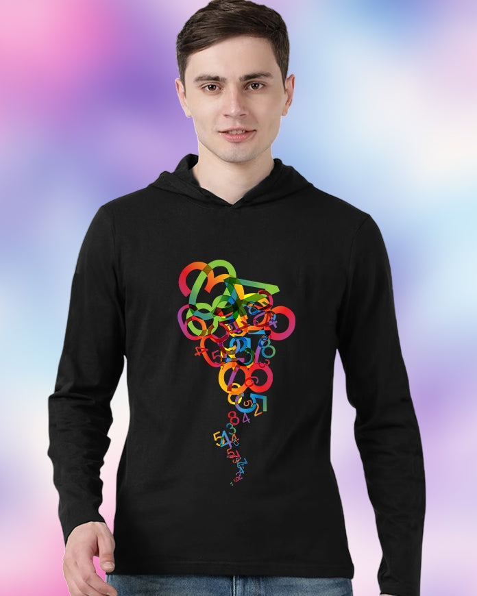 Black Hooded Numbers Sleeve Round Neck Cotton blend Men's T-Shirt-FRONT