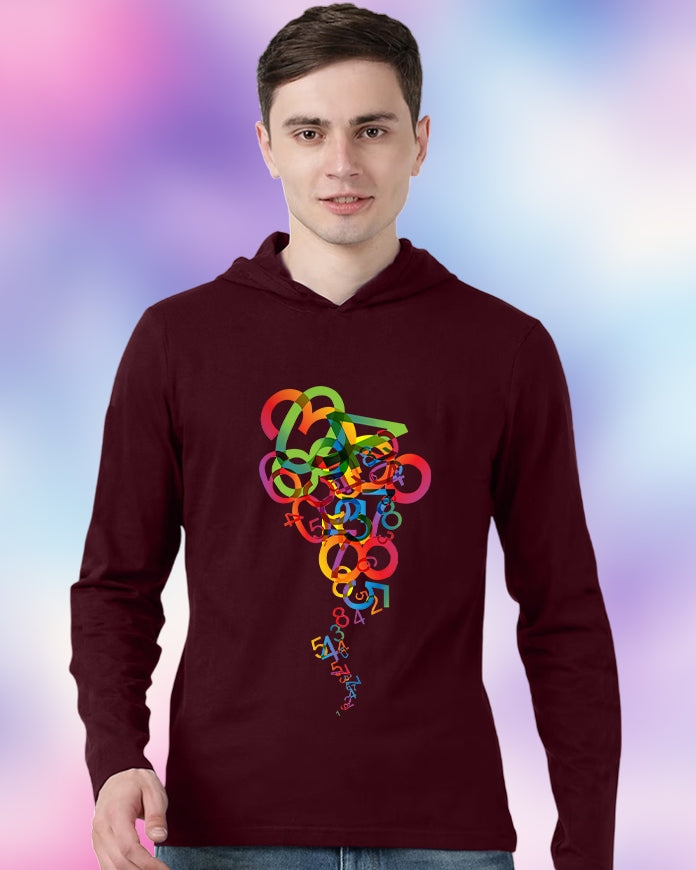 Maroon Hooded Numbers Sleeve Round Neck Cotton blend Men's T-Shirt-FRONT