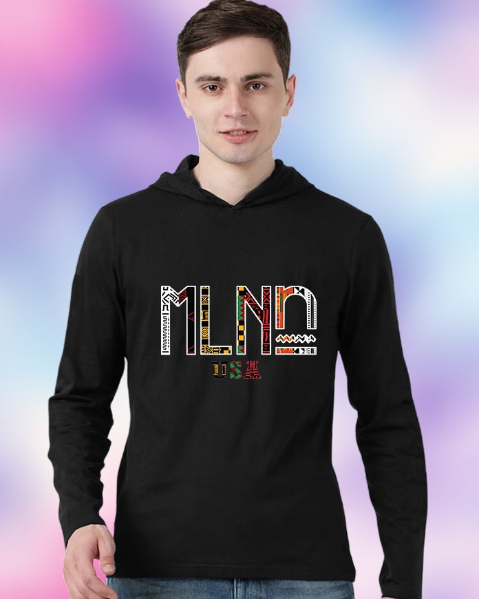 Black Hooded MLNO Sleeve Round Neck Cotton blend Men's T-Shirt-FRONT