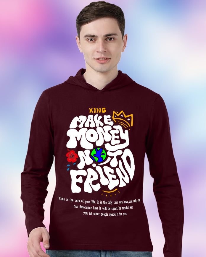 Maroon Hooded Make Money Sleeve Round Neck Cotton blend Men's T-Shirt-FRONT