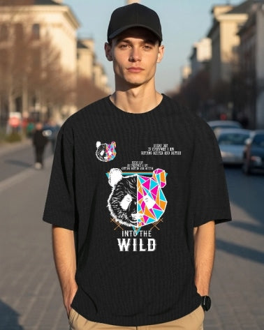 Black Men's Crepe Regular Fit T-Shirt with Five Sleeves for unmatched style-FRONT