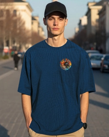 Blue Men's Crepe T-Shirt with a Regular Fit and Five Sleeve flair.-BACK