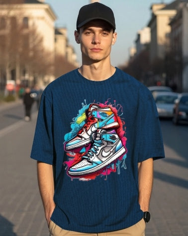 Blue Men's Crepe T-Shirt with Five Sleeves for bold, stylish comfort.-FRONT