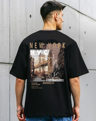 Bold and classic: Black Men's Crepe Regular Fit T-Shirt with Five Sleeves.-FRONT