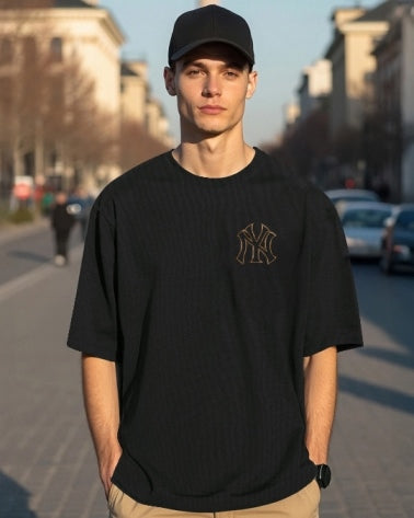 Bold and classic: Black Men's Crepe Regular Fit T-Shirt with Five Sleeves.-BACK