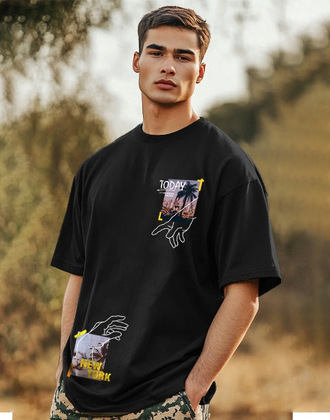 Stylish Black Crepe Five Sleeve T-Shirt for Men-SIDE