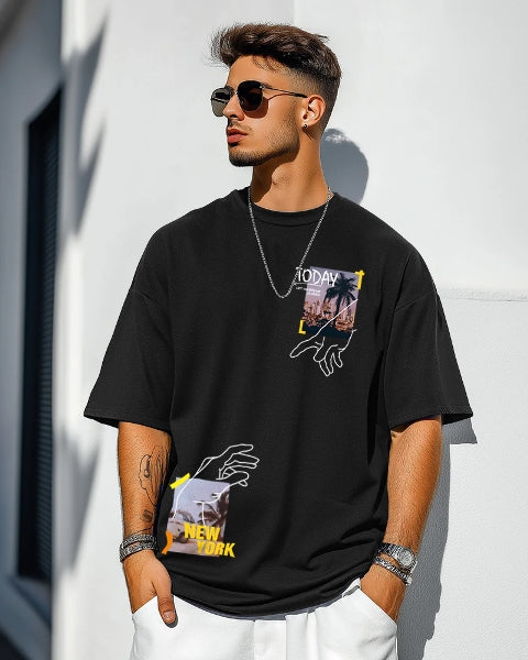 Stylish Black Crepe Five Sleeve T-Shirt for Men-FRONT