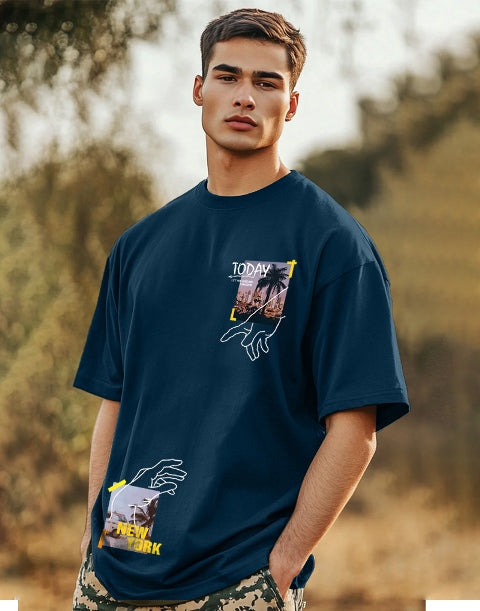 Casual Blue Crepe Men's Five Sleeve T-Shirt-SIDE