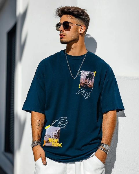 Casual Blue Crepe Men's Five Sleeve T-Shirt-FRONT