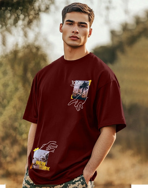 Elegant Maroon Crepe Five Sleeve T-Shirt for Men-SIDE