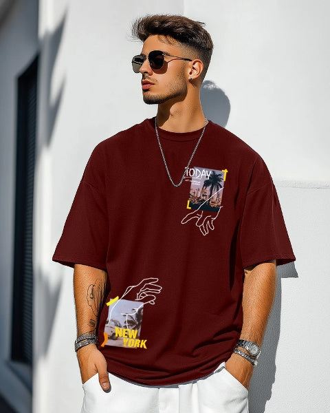 Elegant Maroon Crepe Five Sleeve T-Shirt for Men-FRONT