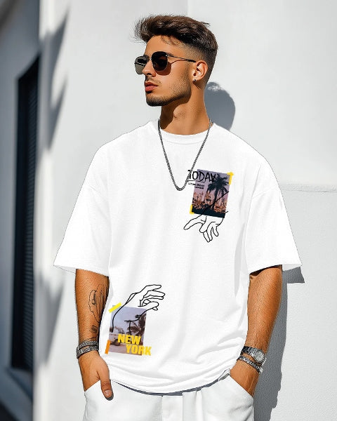Sophisticated White Crepe Five Sleeve T-Shirt for Men-FRONT