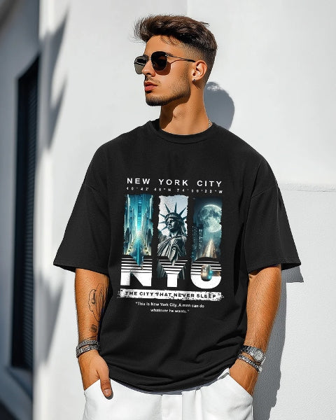 Classic Black Crepe Men's T-Shirt with Five Sleeves-FRONT