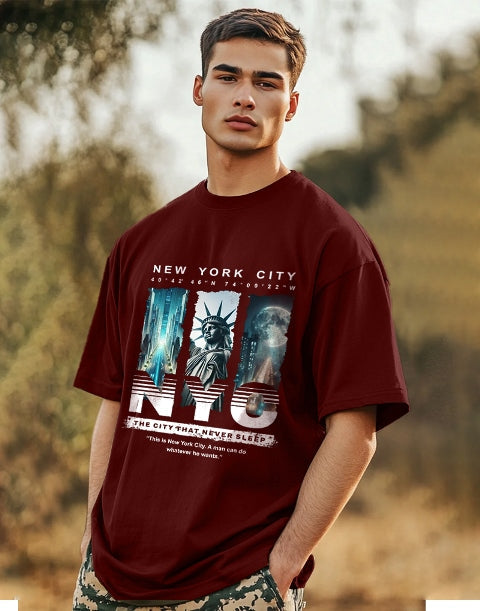 Trendy Maroon Crepe Men's T-Shirt with Five Sleeves-SIDE