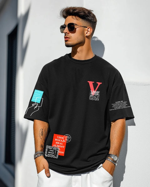 Black Crepe FIVE Sleeve T-Shirt for Men – Sleek & Sophisticated-FRONT