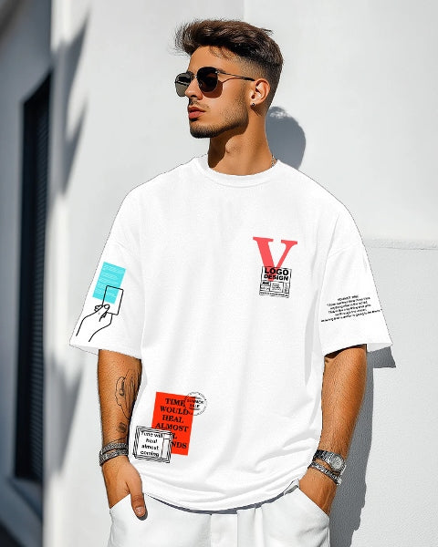 White Crepe FIVE Sleeve T-Shirt for Men – Classic & Stylish-FRONT