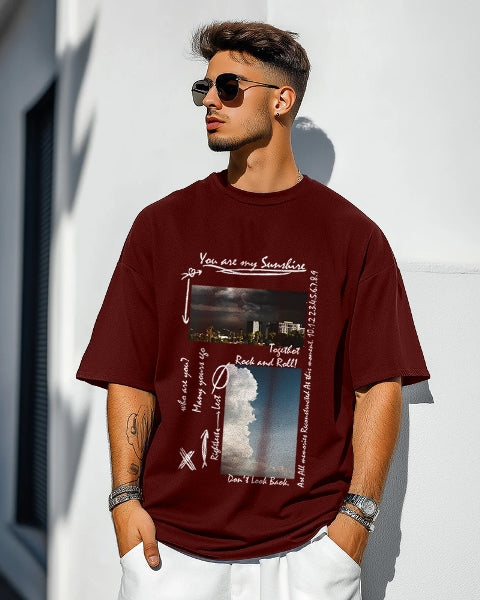 Stylish Maroon Crepe Five Sleeve T-Shirt for Men – Comfort Redefined-FRONT