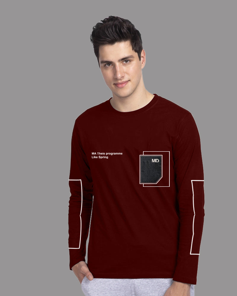 Trendy Maroon Crepe Men's T-Shirt with FULL Sleeves-SIDE