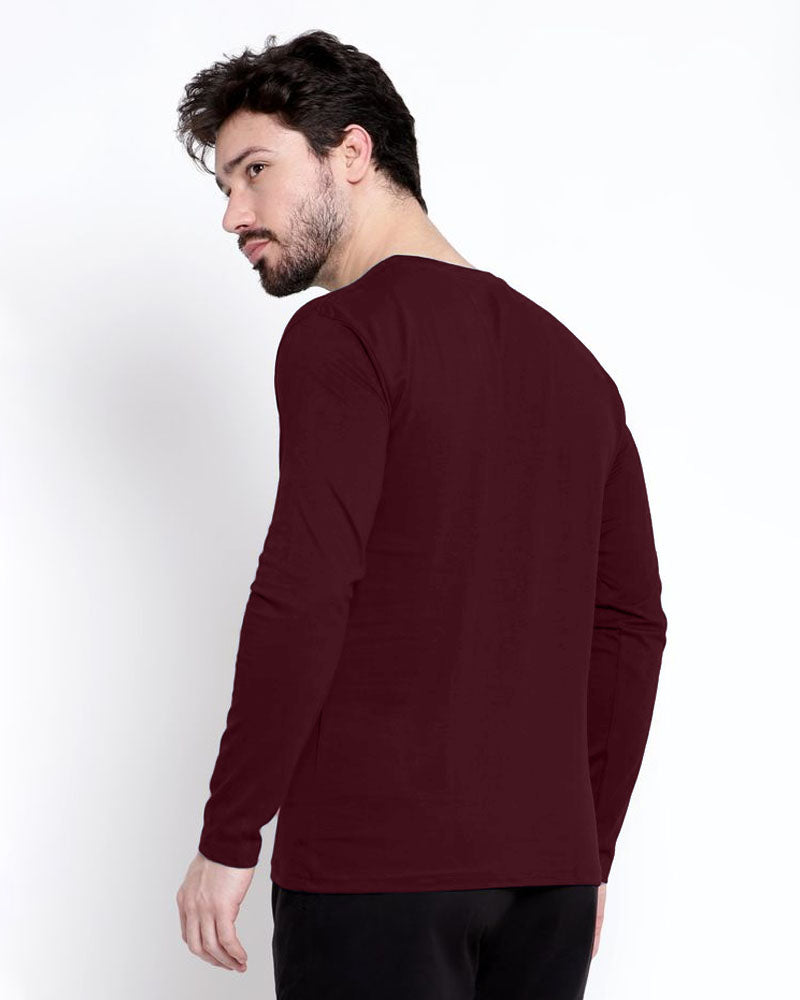 Maroon Full Full Sleeve Round Neck Cotton blend Men's T-Shirt-BACK