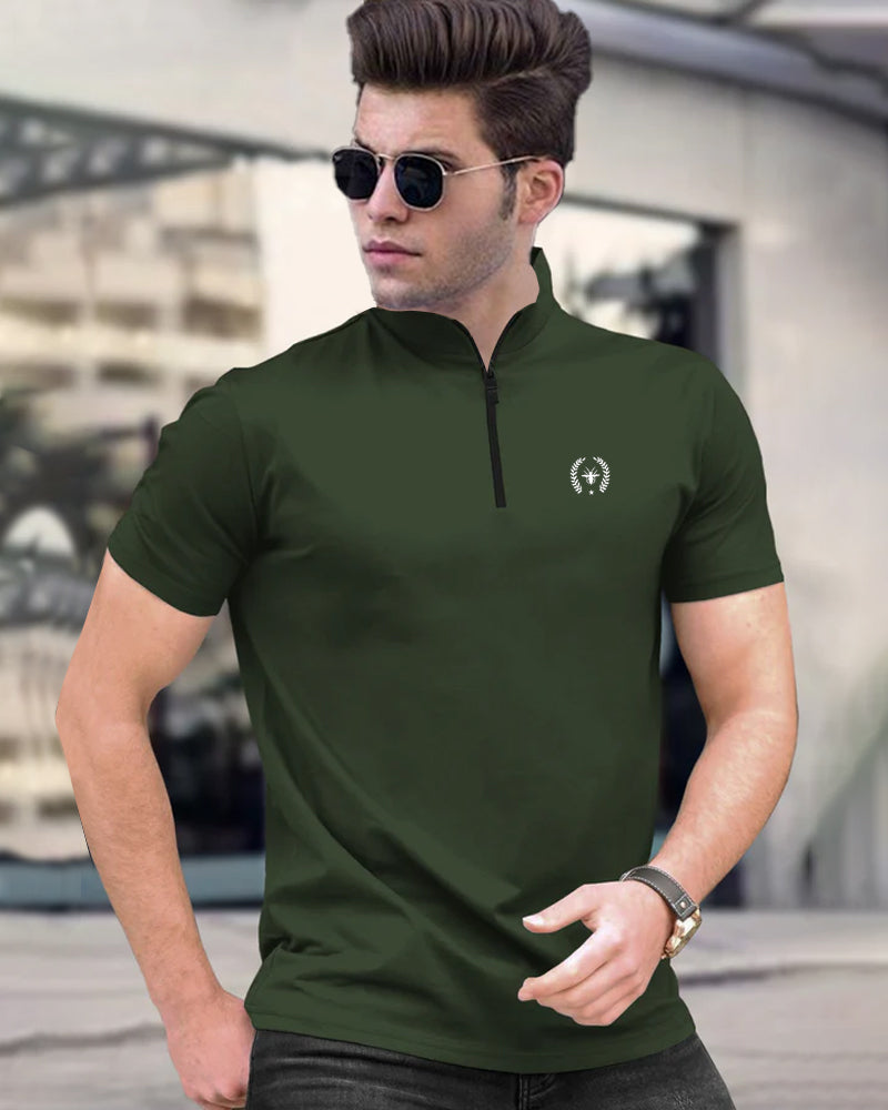 WHO Green Half Zippered High Neck Men's Half Sleeve T-Shirt-FRONT