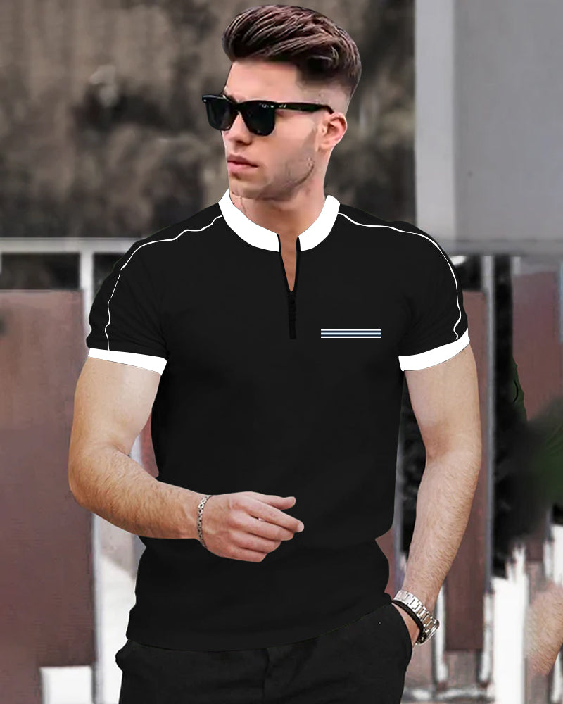 Thrines Black Half Zippered Mandarin Half Sleeve Men's T-Shirt-FRONT