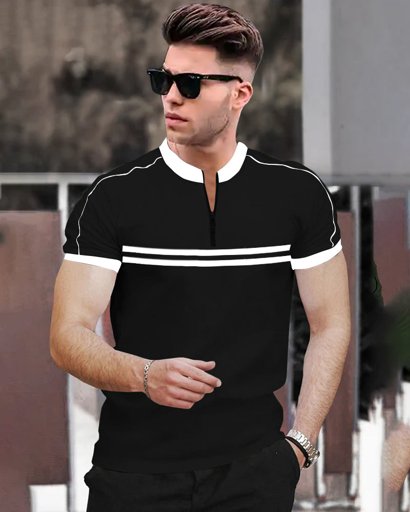 Stripes Black Half Zippered Mandarin Half Sleeve Men's T-Shirt-FRONT