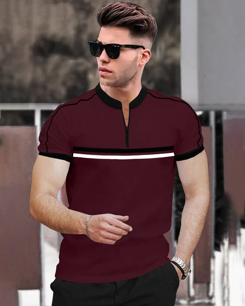 Stripes Maroon Half Zippered Mandarin Half Sleeve Men's T-Shirt-FRONT