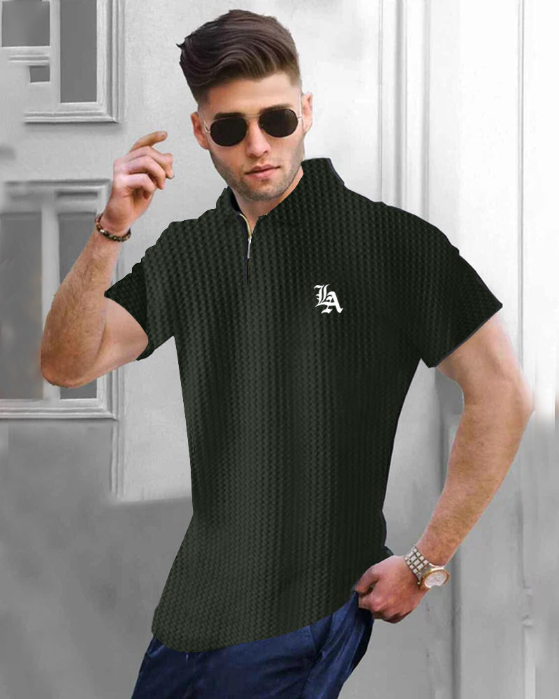 Green Half Zippered Collared Waffle Men's T-Shirt-SIDE