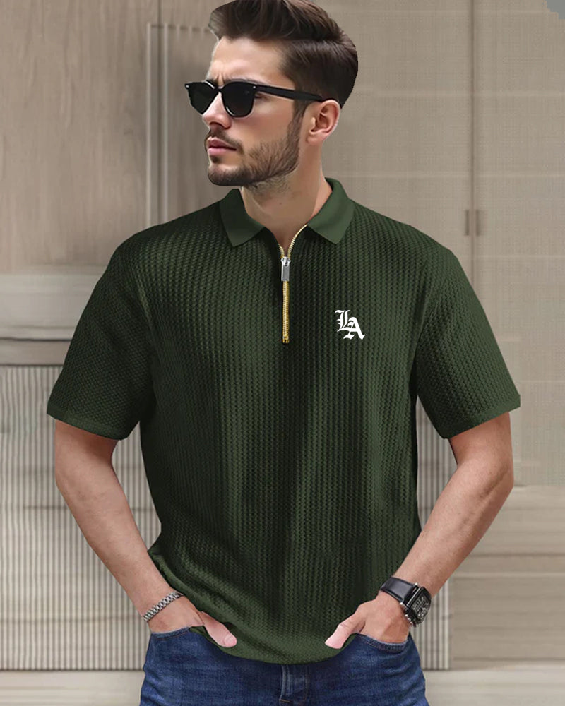Green Half Zippered Collared Waffle Men's T-Shirt-FRONT