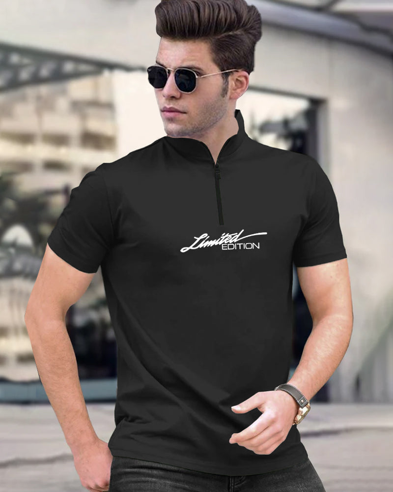 Limited Black Half Zippered High Neck Half Sleeve Men's T-Shirt-FRONT