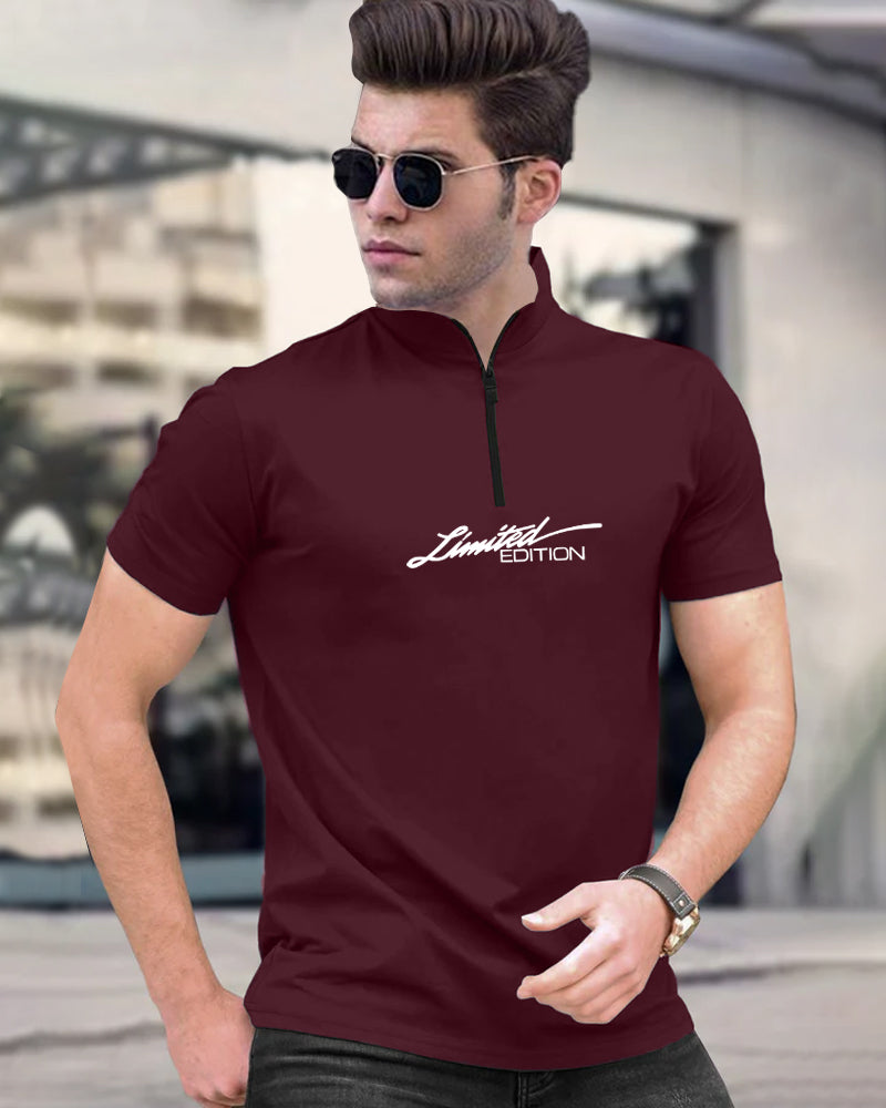 Limited Maroon Half Zippered High Neck Half Sleeve Men's T-Shirt-FRONT