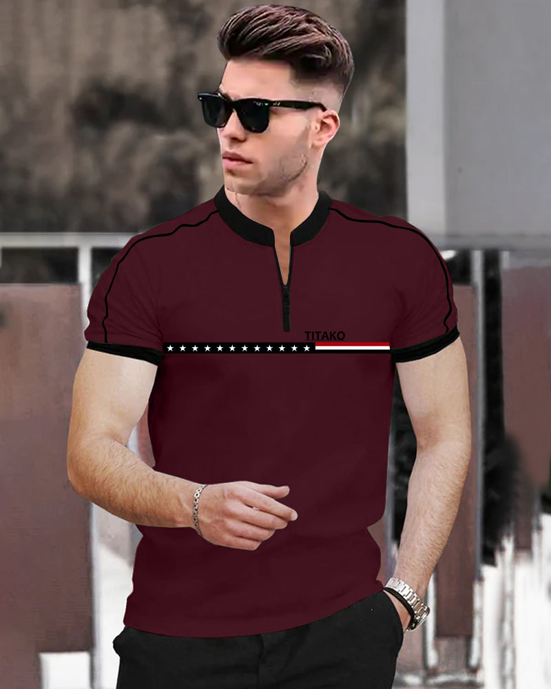 Titako Maroon Half Zippered Mandarin Half Sleeve Men's T-Shirt-FRONT