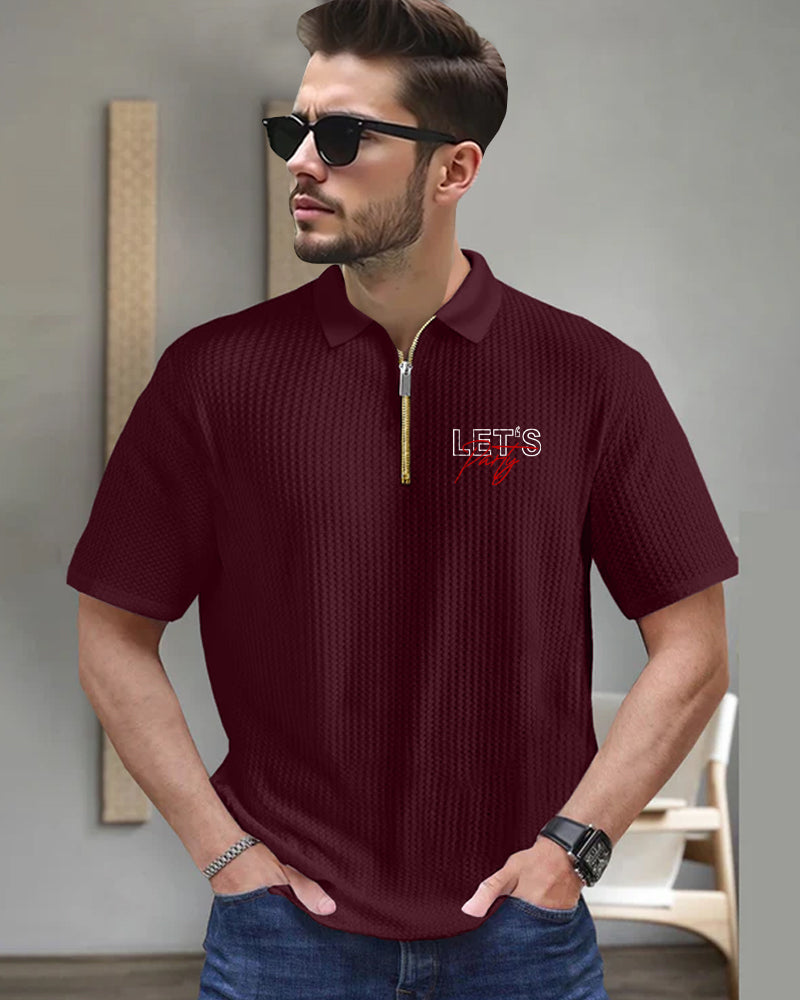 Let's Party Maroon Half Zippered Collared Waffle Men's T-Shirt M