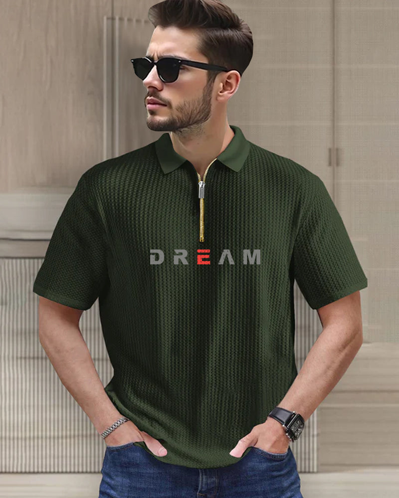 Dream Green Half Zippered Collared Waffle Men's T-Shirt-FRONT