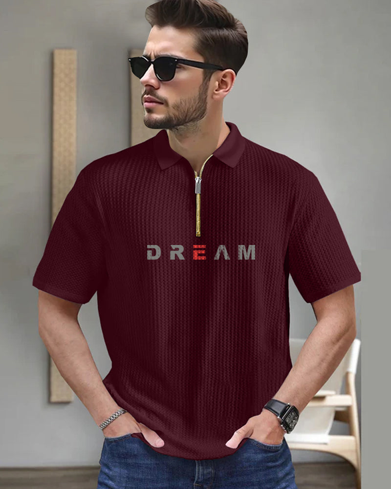 Dream Maroon Half Zippered Collared Waffle Men's T-Shirt-FRONT