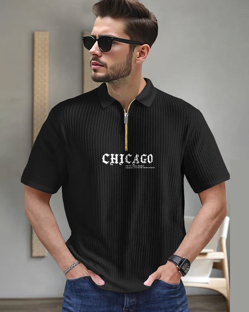 Chicago Black Half Zippered Collared Waffle Men's T-Shirt-FRONT