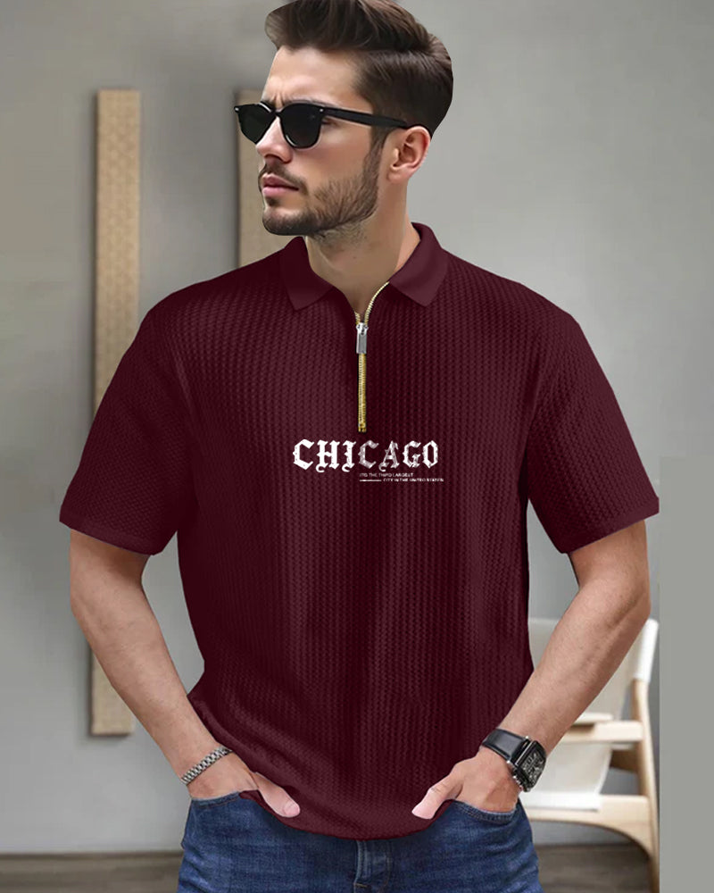 Chicago Maroon Half Zippered Collared Waffle Men's T-Shirt-FRONT