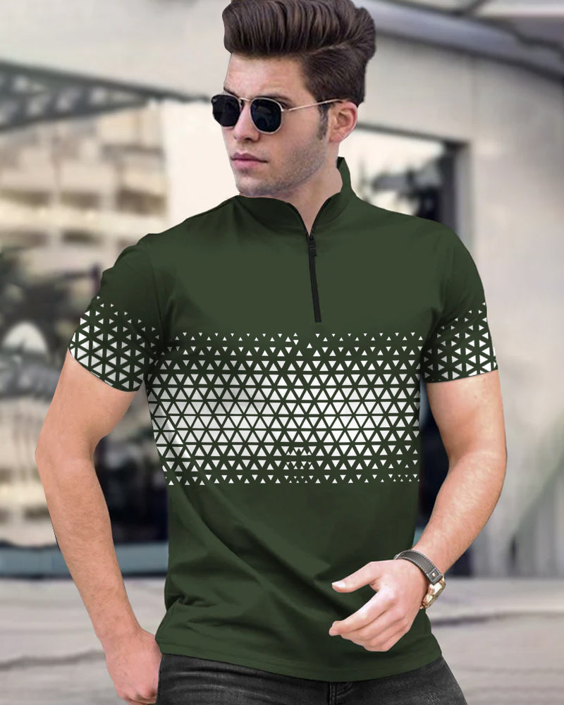 Beenest Green Half Zippered High Neck Men's Half Sleeve T-Shirt-FRONT
