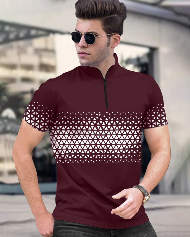 Beenest Maroon Half Zippered High Neck Half Sleeve Men's T-Shirt-FRONT