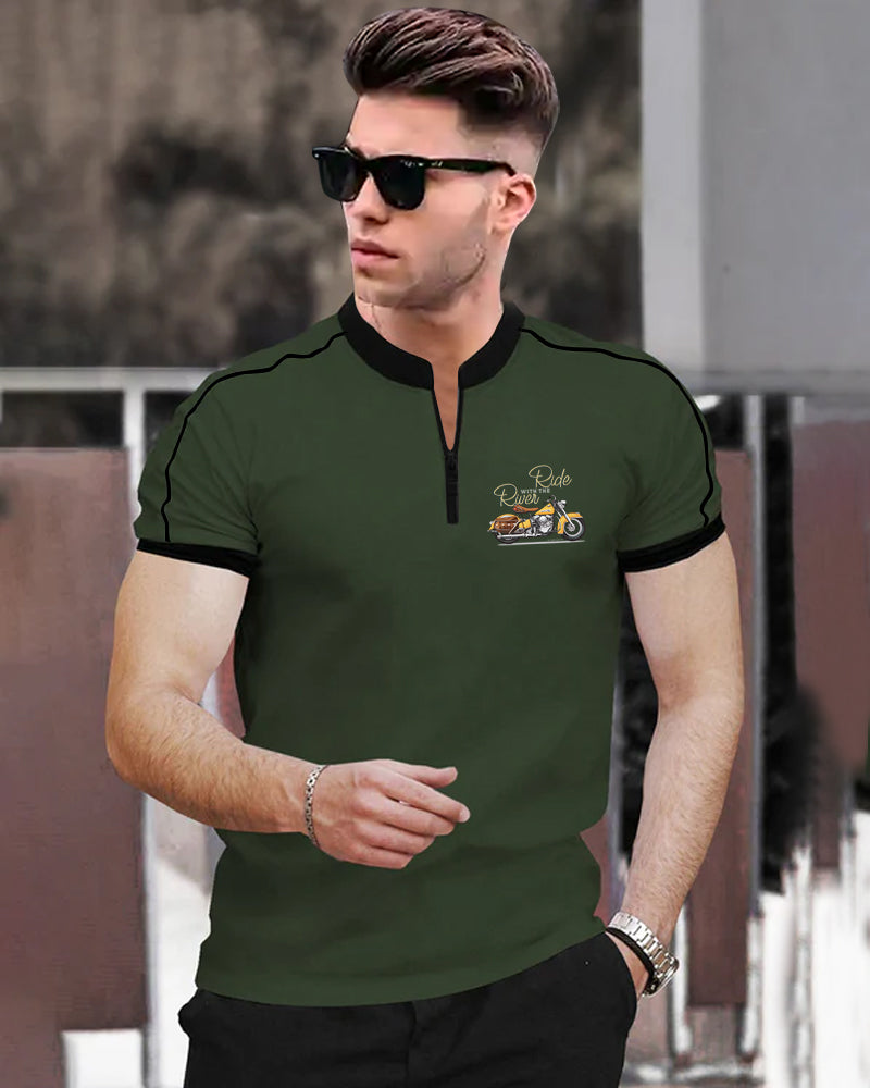 River Green Half Zippered Mandarin Men's Half Sleeve T-Shirt-FRONT
