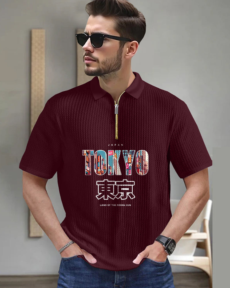 Tokyo Maroon Half Zippered Collared Waffle Men's T-Shirt-FRONT