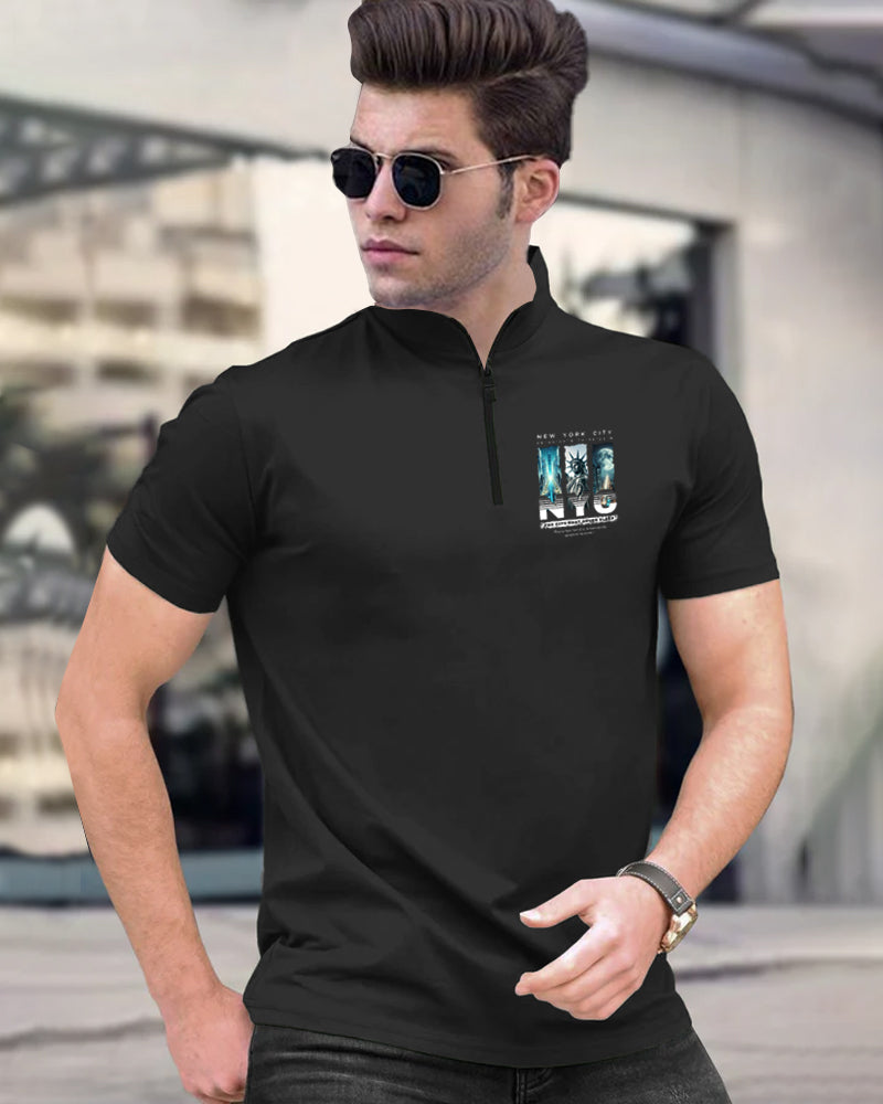 NYC Small small Black Half Zippered High Neck Small Sleeve Men's T-Shirt-FRONT