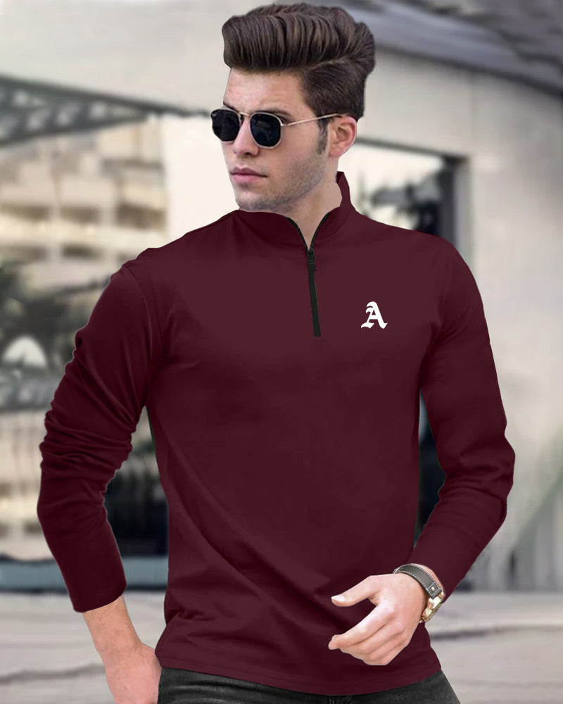 A Maroon Half Zippered High Neck Full Sleeve Men's T-Shirt