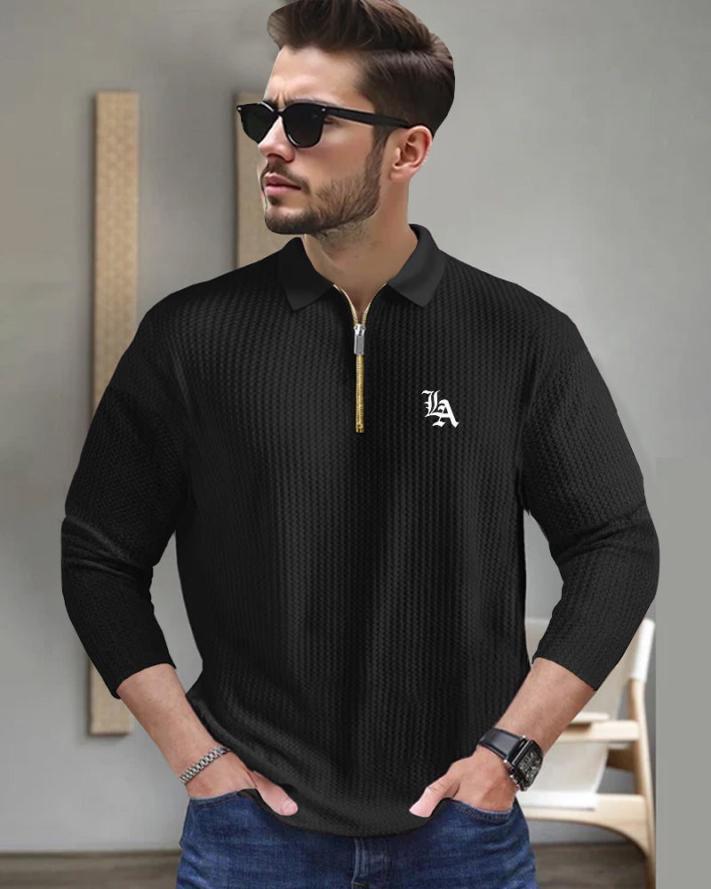 LA Black Full Sleeve Zippered Collared Waffle Men's T-Shirt-FRONT