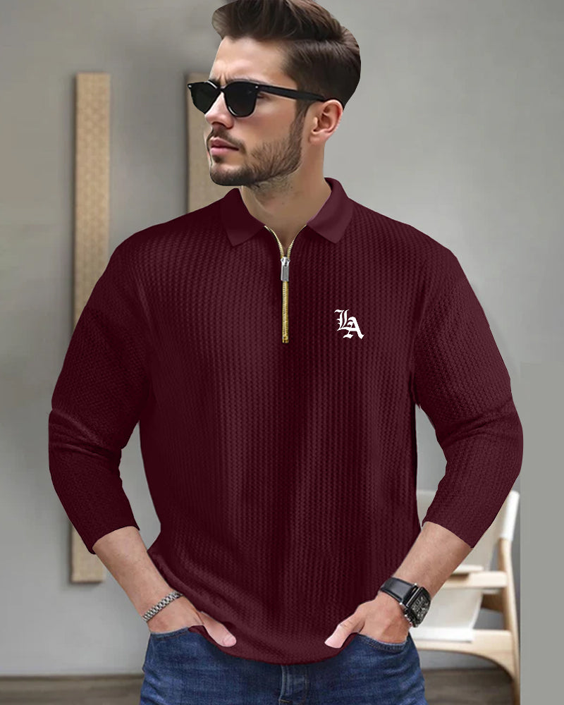 LA Maroon Full Sleeve Zippered Collared Waffle Men's T-Shirt-FRONT