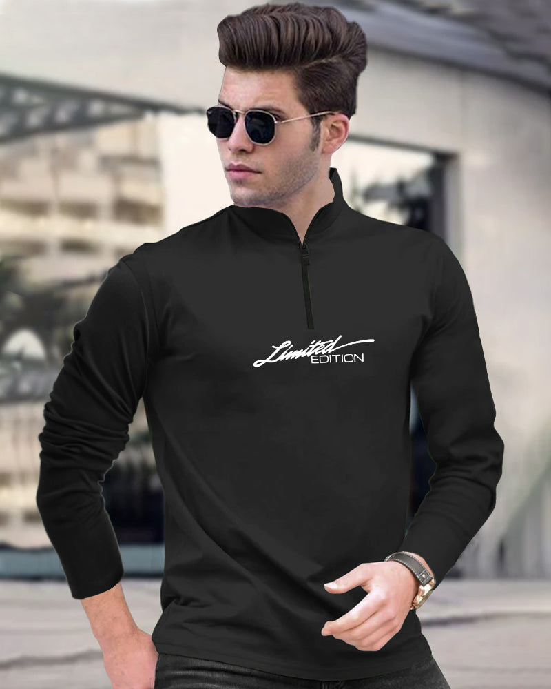 Limited Black Half Zippered High Neck Full Sleeve Men's T-Shirt-FRONT