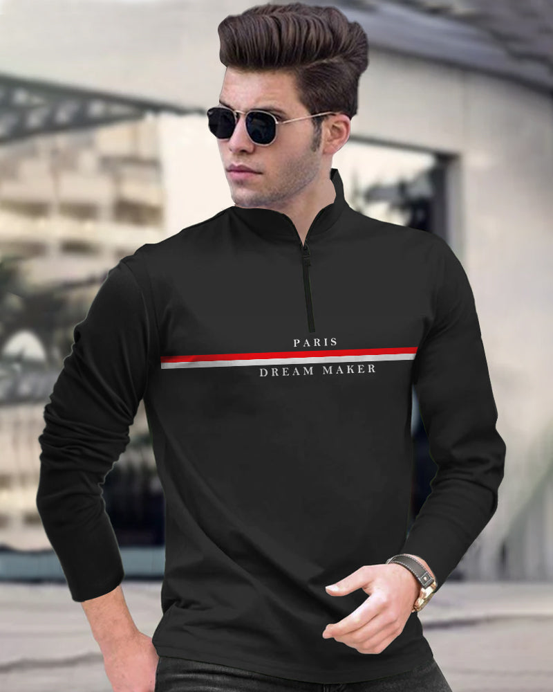 Dream Maker Black Half Zippered High Neck Full Sleeve Men's T-Shirt-FRONT