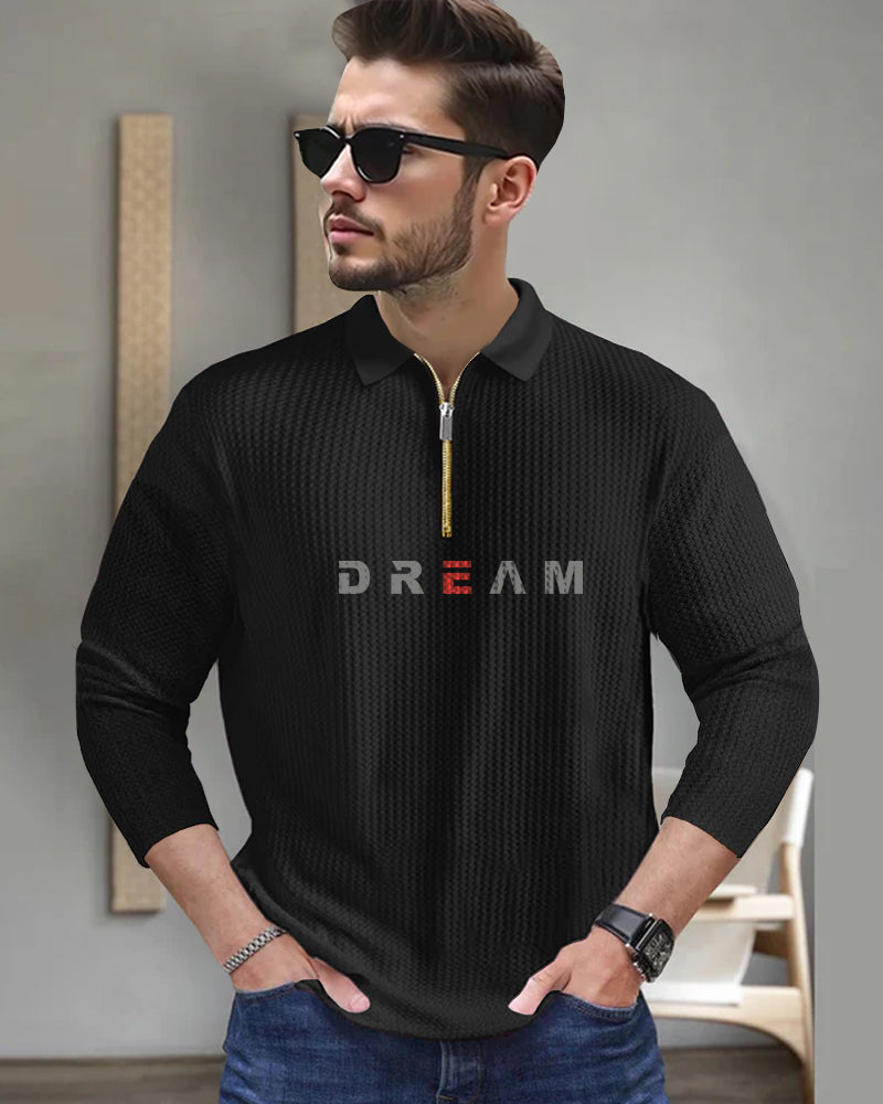Dream Black Full Sleeve Zippered Collared Waffle Men's T-Shirt-FRONT