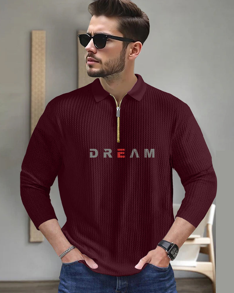 Dream Maroon Full Sleeve Zippered Collared Waffle Men's T-Shirt-FRONT