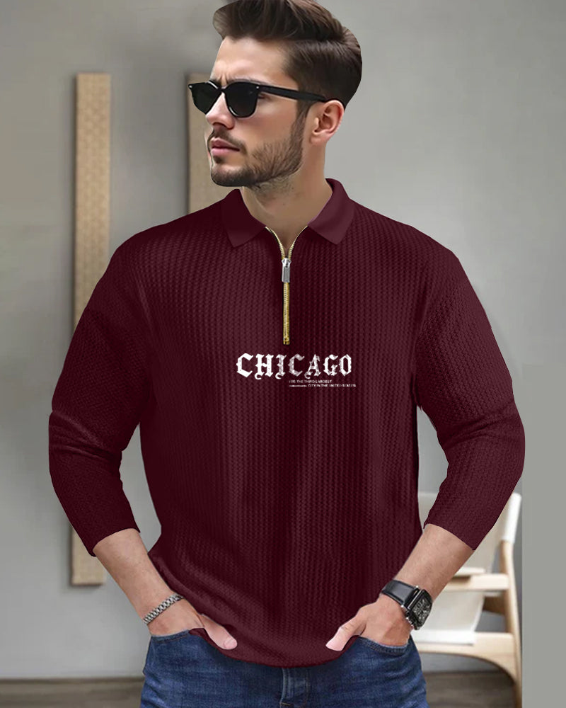 Chicago Maroon Full Sleeve Zippered Collared Waffle Men's T-Shirt-FRONT